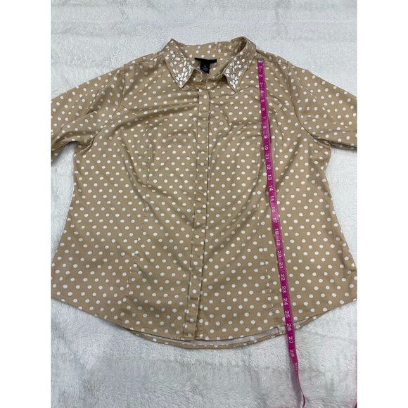 Lane Bryant Button Up Dress Shirt 22 Tan Polka Dot Long Sleeve Beaded Collar - Picture 6 of 7